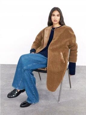 Zara Brown Teddy Coat with Button Front